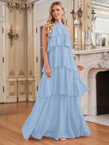 Vestido largo y fluido con cuello de halter y volantes en capas de color rosa elegante para vacaciones de verano - Celeste - Ver 9