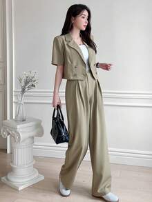 Women Two Pieces Short Sleeve Suit Jacket And Suit Pants Casual Loose Commute Set Business Attire - Green - View 8
