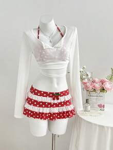Flirla Sommer Casual Urlaub Damen Rot Polka Punkt Kirsche Dekor Sexy Süß Minimalistisch Sexy Mini Rock Shorts, geeignet für Strand, Urlaub, Lässig Party - Rot - Übersicht 7