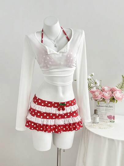 Elamini Summer Casual Vacation Women's Red Polka Dot Cherry Decor Sexy Cute Minimalist Sexy Mini Skirt Shorts, Suitable For Beach, Holiday, Leisure Party