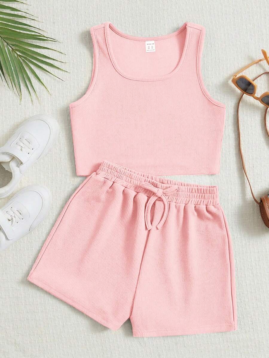 SHEIN Bộ áo tank top và quần short màu trơn cho bé gái tuổi teen, dễ thương và thoải mái. - Hồng - Xem 1