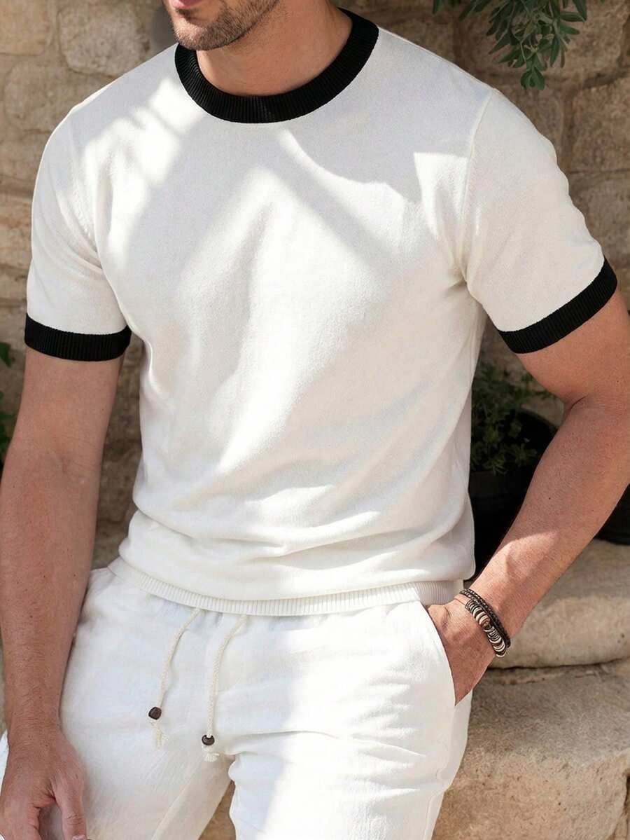 Manfinity Mode 男士撞色简约休闲圆领短袖针织上衣 - 米色 - 查看 1