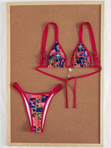 Swim Vcay 2pcs/Set New Random Print & Solid Color Adjustable Strap Sexy Elegant Bikini Swimwear Set, Suitable For Beach, Pool Party, Summer Vacation - Multicolor - View 3