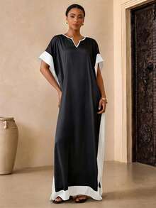 Vesra 女士撞色V领短袖休闲宽松长裙 - 黑與白 - 查看 4