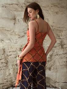 MOTF PREMIUM WOMEN'S V-NECK CINCHED WAIST ASYMMETRIC HEM LINEN PRINT CAMISOLE TOP, SPRING/SUMMER - Orange - View 7