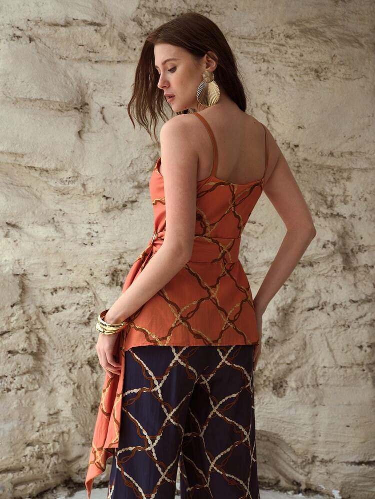 WOMEN'S V-NECK CINCHED WAIST ASYMMETRIC HEM LINEN PRINT CAMISOLE TOP, SPRING/SUMMER