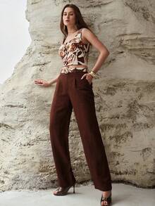 MOTF PREMIUM WOMEN'S LINEN ALL OVER PRINTED WOODEN BUTTON DESIGN TOP, SPRING/SUMMER - Brown - View 7