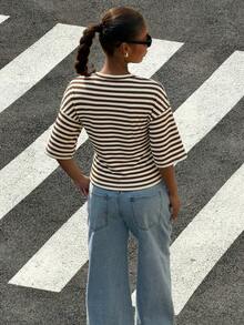 Muchica Women's Summer New Striped Waist Fitted Short Sleeve T-Shirt,Summer Top - Brown - View 2