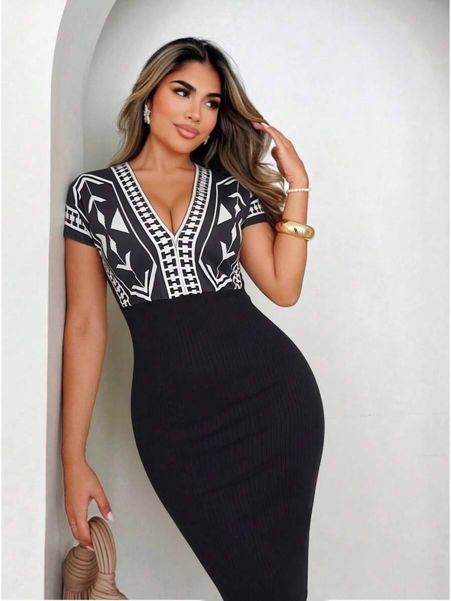 Xyvia Vestido de vacaciones elegante y romántico para mujer con cuello en V, manga de hombro caído, estampado de tela y cintura envolvente - Multicolor - Ver 1