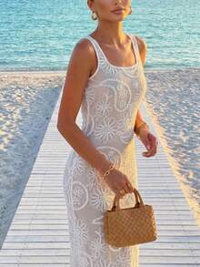 MainGRL White Floral Summer Boho Beach Holiday Knitted Jacquard Midi Dress For Women,Youthful Resort Look Island Getaway Outfit,Everyday Wear - White - View 1