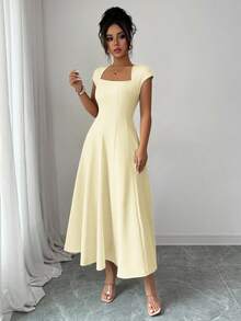 Elenzga 女士优雅休闲度假中长连衣裙，纯色方领腰带拼接A字短袖连衣裙，适合通勤、海滩、音乐节、啤酒节、春夏穿着。 - 鵝黃色 - 查看 5