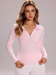 Sovereign Charm Sporty Fashionable Contrast Stripe Splice Fitted Zip-Up Sweatshirt - Pink - View 3