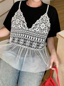 Dazy Plus Plus Size Summer Casual Colorblock Lace Patchwork T-Shirt - Black - View 2