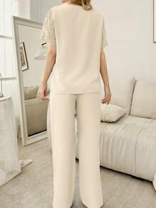SHEIN Set Piyama Wanita: Kardigan Bahu Transparan Motif Renda Lengan Pendek & Celana Panjang - Aprikot - View 2