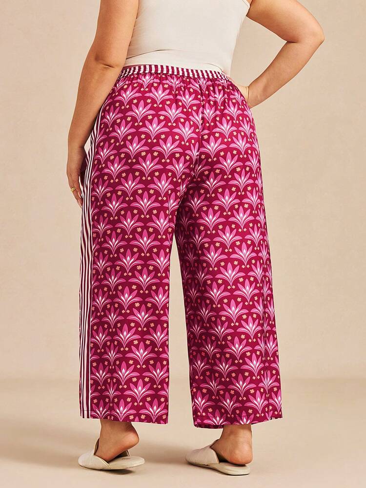 Plus Size Burgundy Floral Wide-Leg Pants