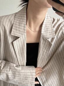 FRIFUL Áo khoác vest nữ cổ bẻ dáng rộng, eo thoải mái, chất liệu vải kẻ sọc, kiểu dáng thường ngày. - Màu be - Xem 3