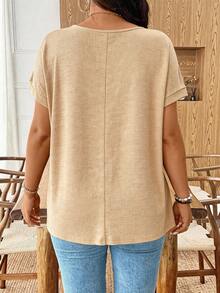 SHEIN Clasi Áo thun nữ cỡ lớn cổ tròn tay ngắn thiết kế khoét rỗng thanh lịch, thoải mái, thích hợp mặc đi làm, tôn dáng mùa hè. - Màu Khaki - Xem 2