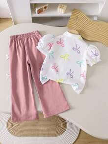SHEIN Genkimix Kids 女童蝴蝶結印花泡泡袖上衣與長褲休閒兩件套 - 粉色 - 查看 2