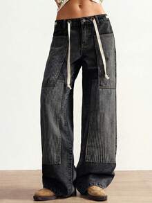 Bohemela Quần nữ dáng suông rộng, cạp thấp, chất liệu denim dệt chắp vá, kiểu dáng thường ngày, phối nhiều mảnh vải, đã qua xử lý giặt. - Xám - Xem 7