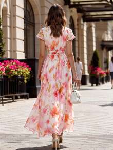 女士印花V领浪漫优雅长裙 - 淺粉色 - 查看 2
