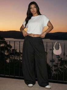 Hourglow Plus Size Casual Versatile Commuting Solid Color Wide Leg Pants, For Hourglass Body Shape - Black - View 4