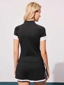 Gameset SHEIN Sport 女士撞色插肩短袖拉链高尔夫球衫 - 黑與白 - 查看 2