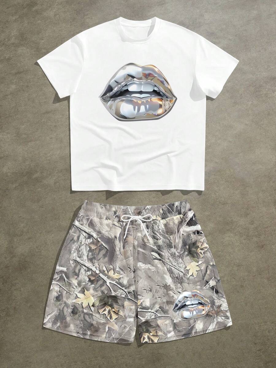 Manfinity ZONE917 Conjunto de camiseta de estilo callejero para hombres con estampado de labios metálicos y camuflaje, conjunto de 2 piezas, verano - Blanco - Ver 1