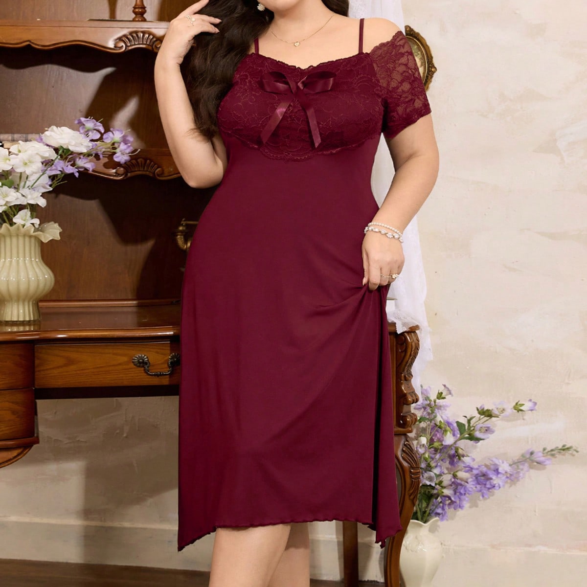 Camisón elegante de encaje francés con patchwork, vestido maxi ajustado de sirena, ropa de dormir con volantes en el bajo, camisón de estilo franc?