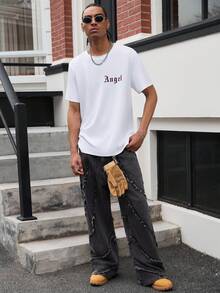 GALLERY FADE Men's Street Fashion Frayed Patchwork Wide Leg Pants, Washed Earth Gray - Dark Grey - View 7