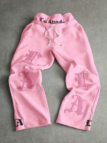 PAVTROS 男士街头风洛杉矶刺绣腰带运动裤，适合户外音乐节、休闲外出、送给男友/老公的礼物、周年纪念日，浅灰色 - 粉色 - 查看 1