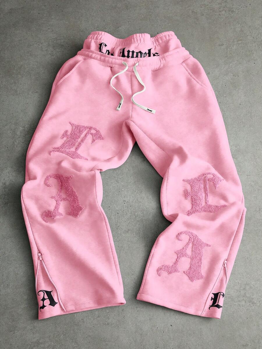 PAVTROS 男士街头风洛杉矶刺绣腰带运动裤，适合户外音乐节、休闲外出、送给男友/老公的礼物、周年纪念日，浅灰色 - 粉色 - 查看 1