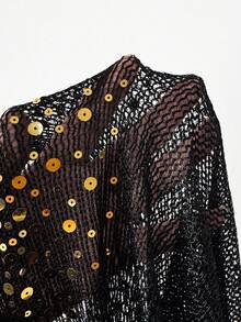 Swim SXY 新款金色亮片流苏宽袖罩衫，夏季度假和服长袍，泳衣罩衫，节日波西米亚风 - 黑色 - 查看 5