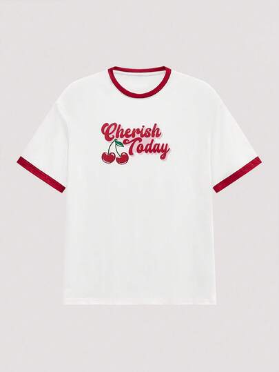 Open Phase Herren Rundausschnitt T-Shirt mit Kirsche Buchstaben Muster und Farbblöcken, Kurzarm Lässig Streetwear