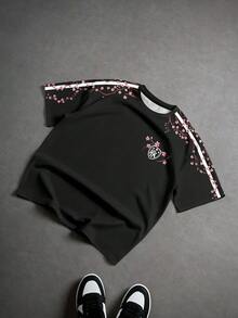 Aesthetic Post 中式梅花印花情侣T恤，搭配条纹NY徽章短袖品牌T恤，男士图案T恤，图案T恤，融合中国元素，适合休闲/通勤/约会穿着 - 彩色 - 查看 4