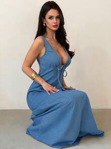 Firerie 女士深V领无袖系带性感牛仔连衣裙 夏季嘉年华服装 通勤 度假 毕业典礼 时尚 Y2K 可爱 街头风 妩媚 派对 婚礼 优雅 商务休闲 女士商务 海滩 毕业典礼 复活节 深V牛仔连衣裙 系带牛仔长裙 优雅风格牛仔连衣裙 春假派对连衣裙 女士度假连衣裙 蓝色夏季连衣裙 女士性感度假连衣裙 - 藍色 - 查看 1