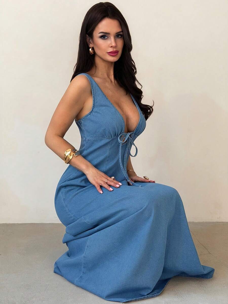 Firerie 女士深V领无袖系带性感牛仔连衣裙 夏季嘉年华服装 通勤 度假 毕业典礼 时尚 Y2K 可爱 街头风 妩媚 派对 婚礼 优雅 商务休闲 女士商务 海滩 毕业典礼 复活节 深V牛仔连衣裙 系带牛仔长裙 优雅风格牛仔连衣裙 春假派对连衣裙 女士度假连衣裙 蓝色夏季连衣裙 女士性感度假连衣裙 - 藍色 - 查看 1