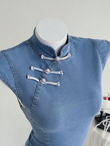 SHEIN Áo sơ mi denim dáng ôm cổ tàu tay ngắn dành cho nữ. - Màu xanh lam - Xem 6