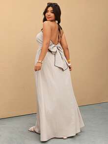 Elaquor Đầm hở lưng cổ yếm viền tương phản dành cho kỳ nghỉ hè, cỡ lớn - Màu be - Xem 3