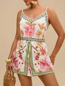 Travachic Bộ jumpsuit nữ cổ chữ V, eo thon, tay ngắn, dáng rộng, họa tiết hoa, thanh lịch, thích hợp mặc hàng ngày, đi nghỉ mát, đi biển, mùa xuân/hè, cỡ lớn. - Nhiều màu - Xem 8