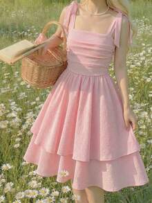 SHEIN Soft Pink,Summmer,Modest,Picnic Tween Girls Elegant Spaghetti Strap Bowknot Ruched Waist A-Line Layered Textured Dress For Tea Party Easter Vacation - Pink - View 4