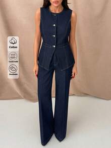 SHEIN 女士轻薄时尚牛仔无袖修身背心和裤子套装 - 深色水洗藍 - 查看 5