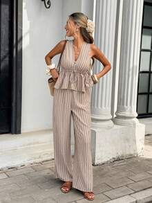 Serisse Women's Vacation Casual Striped Tank Top And Pants 2 Pieces Set - Apricot - View 5