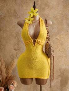 Mistrie Vestido mini con escote halter y espalda descubierta para vacaciones de mujer - Amarillo - Ver 3