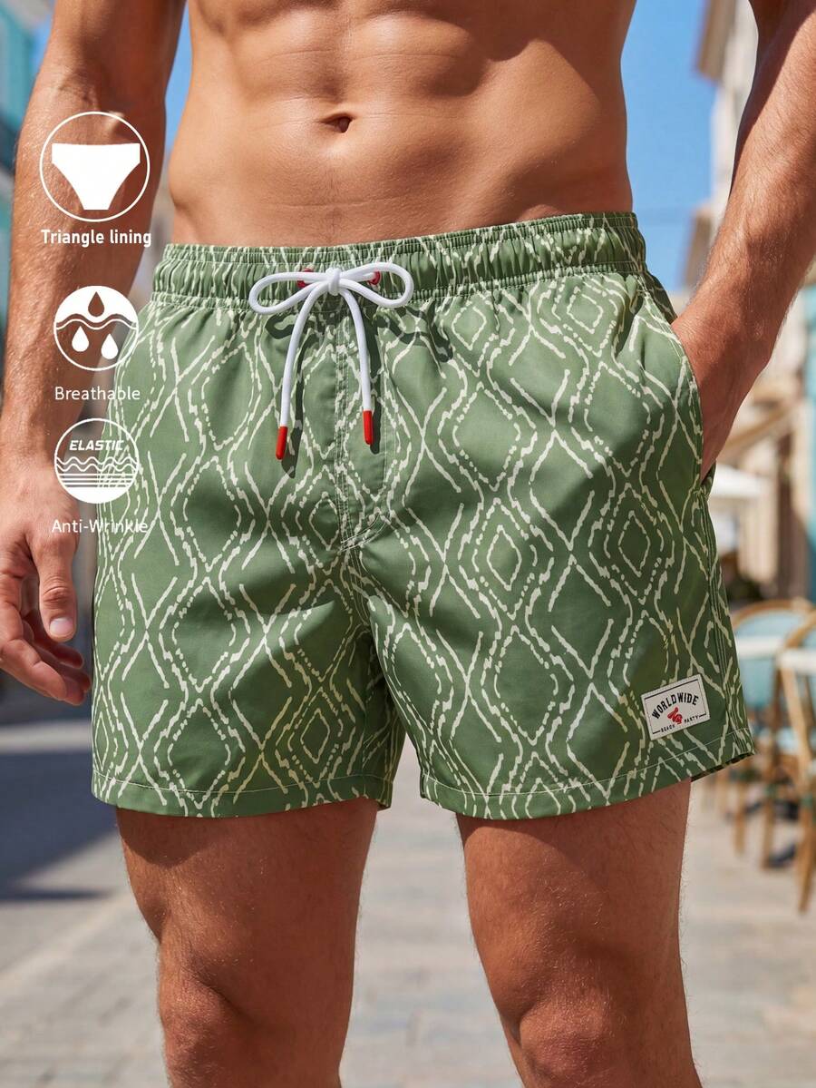 Manfinity Swimmode Men's Summer Vacation All-Over Print Drawstring Waist Breathable Beach Shorts,Green Patterned Swim Trunks Holiday Swimwear - Army Green - View 1
