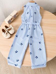 SHEIN Genkimix Kids 女童休闲百搭翻领纽扣前襟系带柔软褶皱牛仔质感连体裤，适合秋季、野餐、郊游、搭配服装、日常穿着 - 藍色 - 查看 2