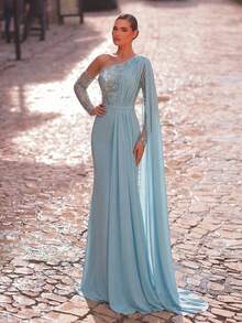 Aureia Elegant Green Chiffon Sequin Patchwork Asymmetric Shoulder Long Sleeve Fishtail Hem Dress, Fashionable Formal Party Wedding Guest Evening Gown - Green - View 1