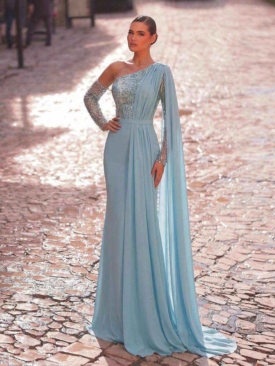Aureia Elegant Green Chiffon Sequin Patchwork Asymmetric Shoulder Long Sleeve Fishtail Hem Dress, Fashionable Formal Party Wedding Guest Evening Gown - Green - View 1