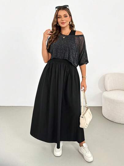 SHEIN Essnce Plus-Size Women's Spring/Summer Fashion Casual Loose Comfortable Everyday Basic Versatile Slimming Shiny Sheer Black Short-Sleeved Top And Black Fitted Long Dress Two Pieces Set,Summer Outfits,Curve Set