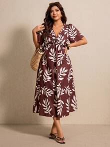 Elaquor Plus Size Casual Vacation Plant Print Twist Knot Dress - Black and White - View 5