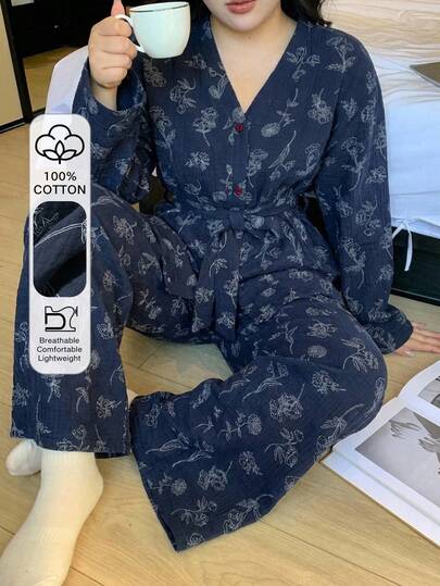 Dazy Plus Plus Size Floral Print Top And Pants Pajama Set